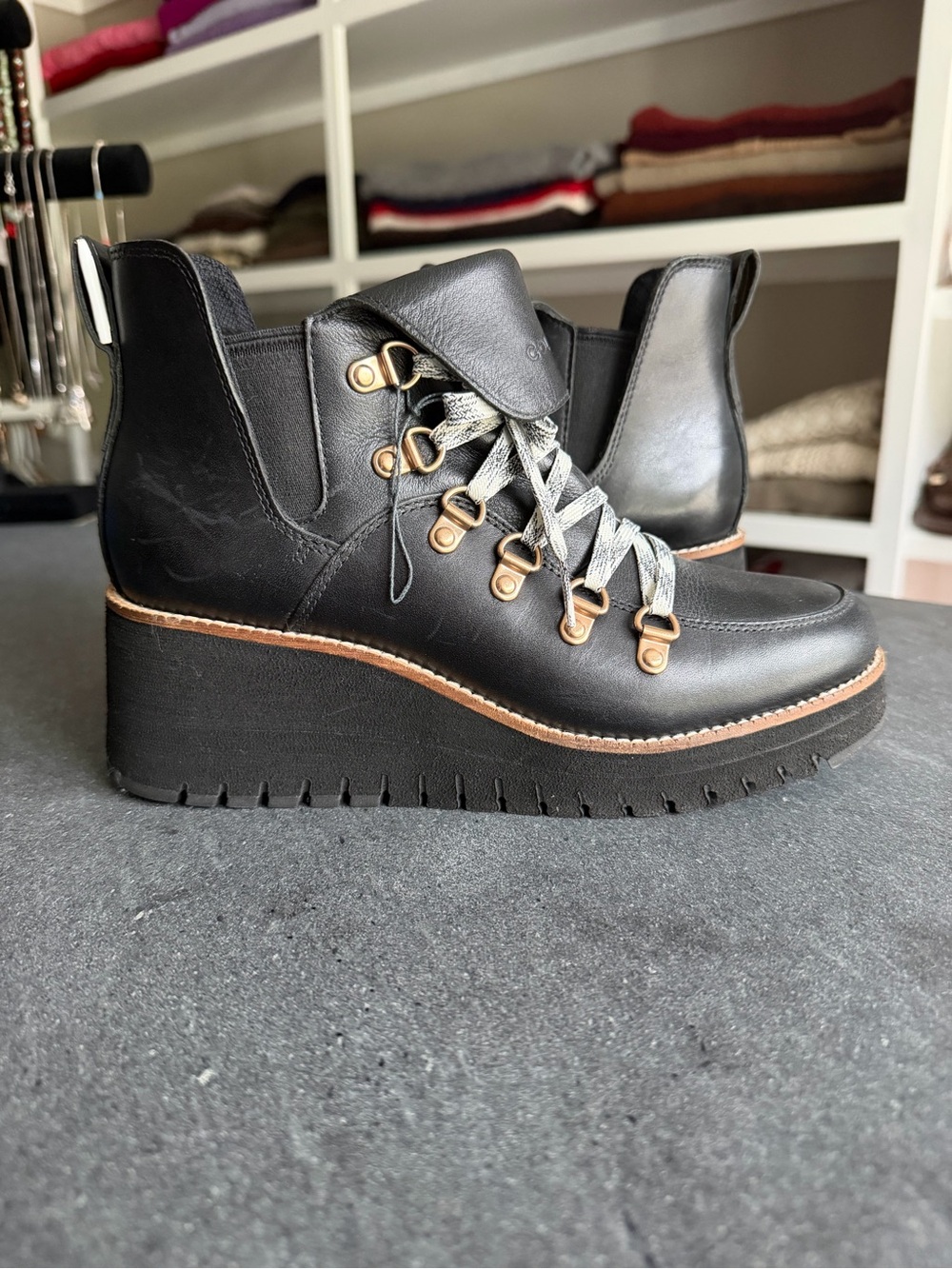 Cole Haan Black Leather Wedge Hiking-Inspired Ankle Boots